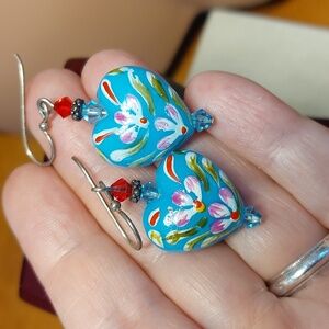 Lampwork Glass Heart Earrings Blue Handpainted